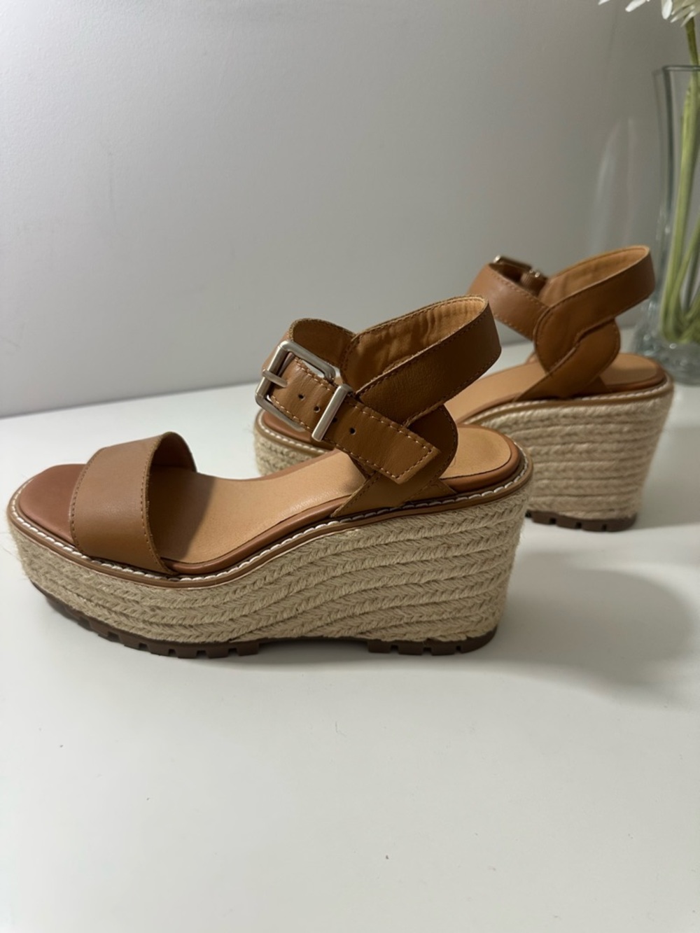 Crown Vintage Tan Espadrille Platform Wedge Sandals with Buckle Ankle Strap